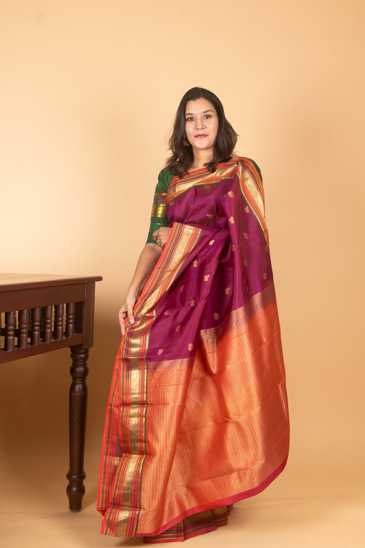Purple and  Dual tone orange pure Kanchipuram silk saree
