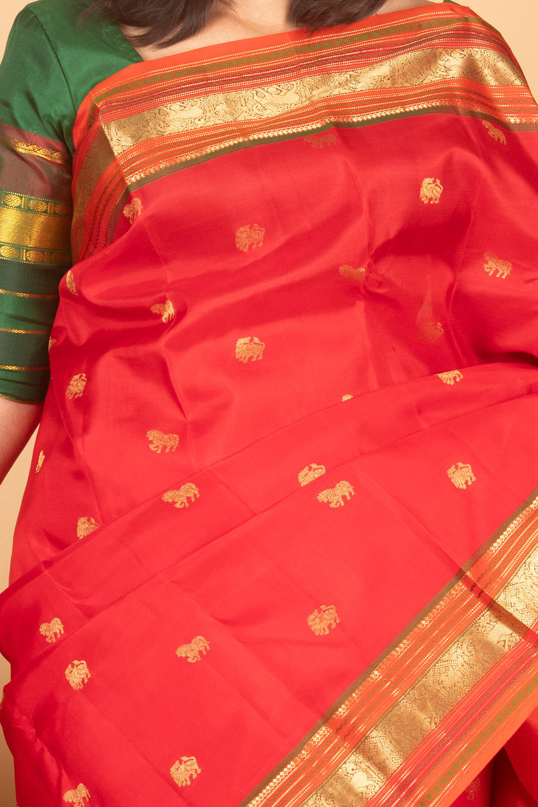 Bright Red and Dual tone Orange Pure Kanji silk saree