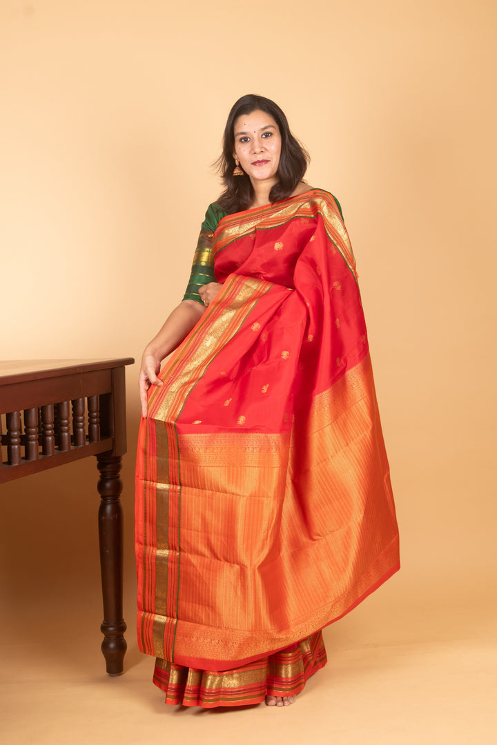Bright Red and Dual tone Orange Pure Kanji silk saree