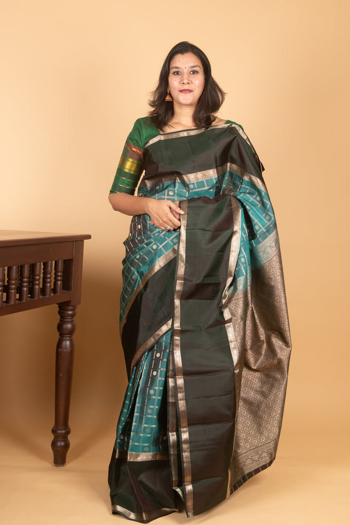 Teal and Bottle Green Zari Kattam Kanchi Silk saree