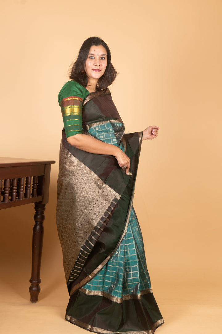 Teal and Bottle Green Zari Kattam Kanchi Silk saree