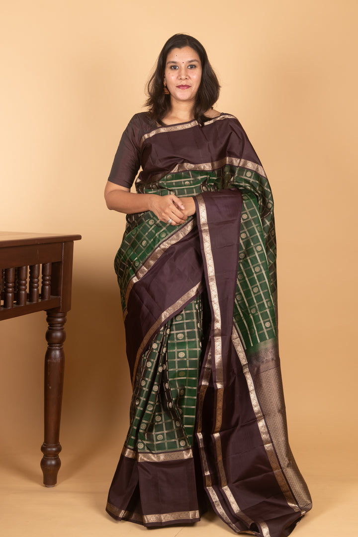 Dark Green and Dark Brown Retta petu Kanjipuram silk saree