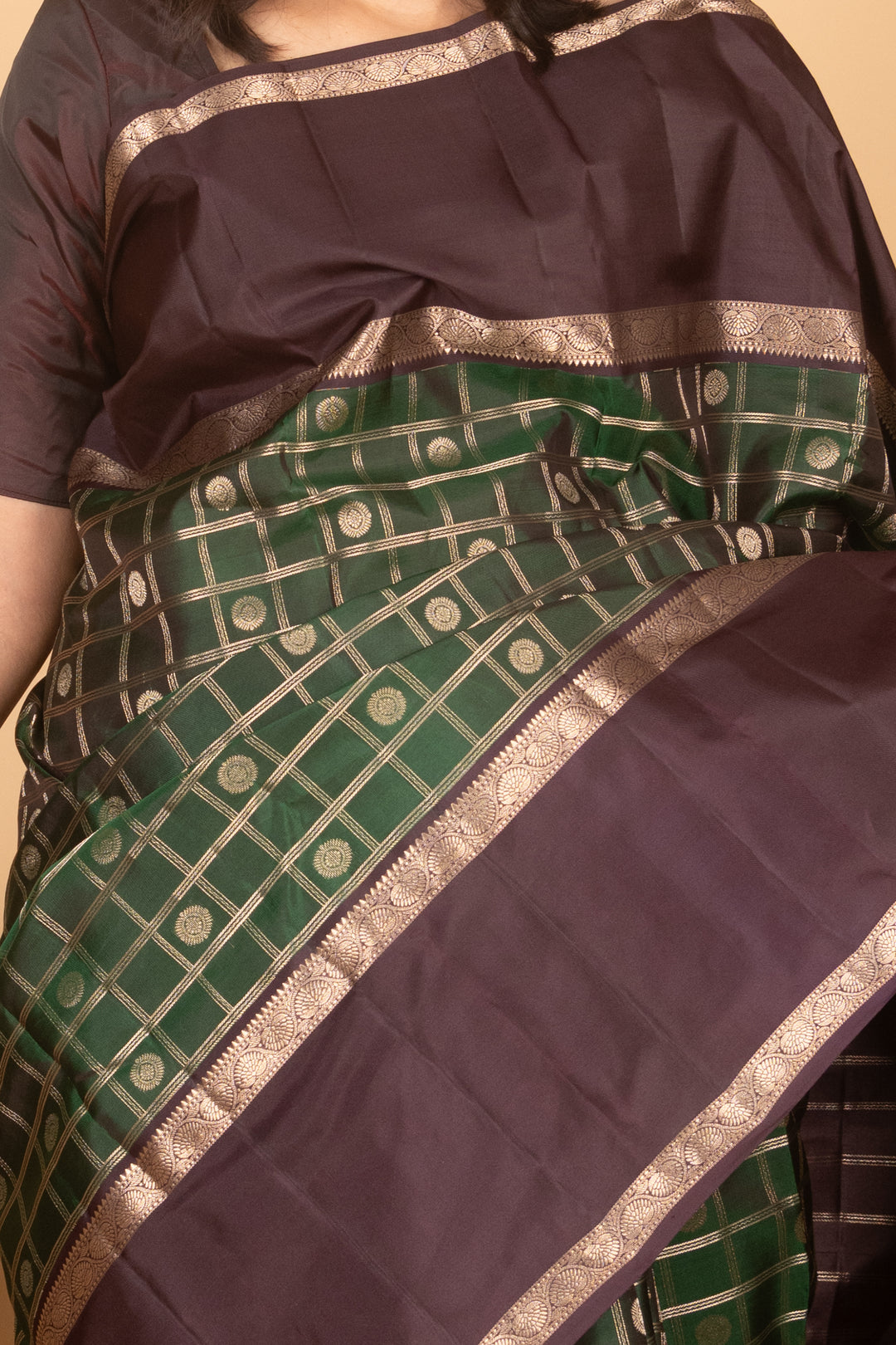 Dark Green and Dark Brown Retta petu Kanjipuram silk saree