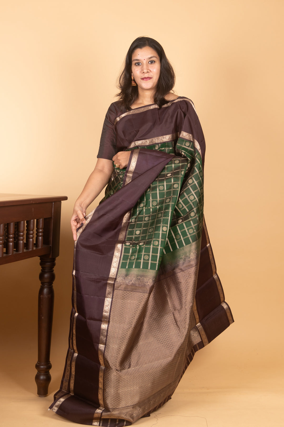 Dark Green and Dark Brown Retta petu Kanjipuram silk saree