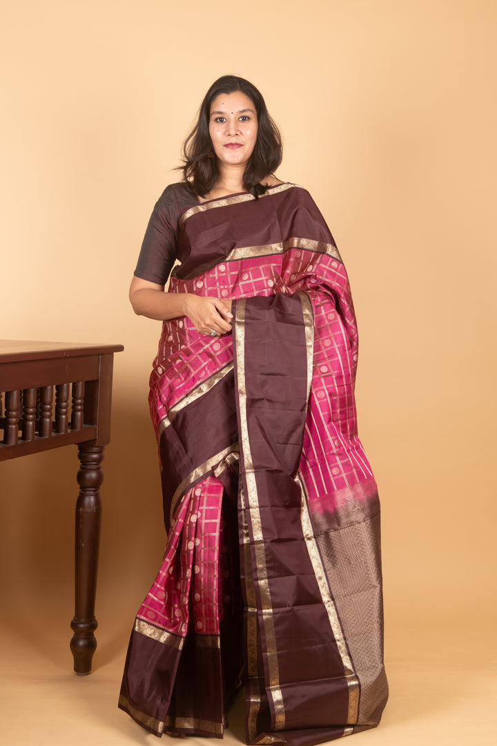 Magenta and Brown Retta petu pure silk Kanji silk saree