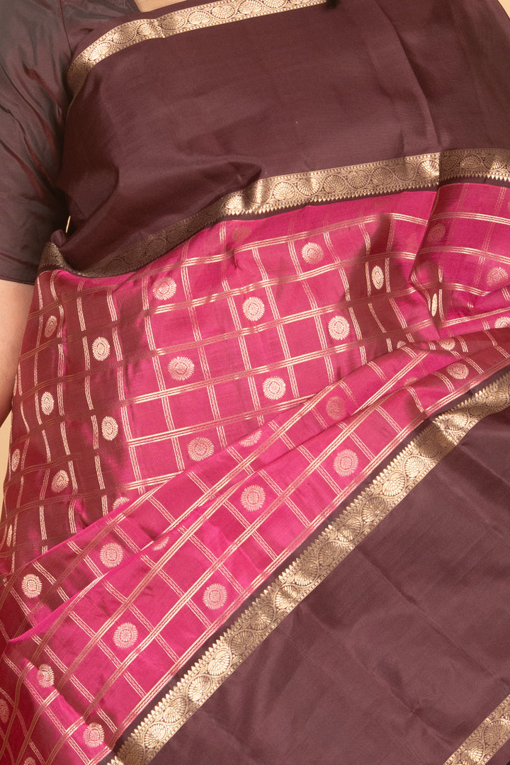 Magenta and Brown Retta petu pure silk Kanji silk saree