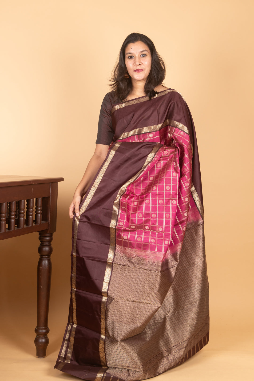 Magenta and Brown Retta petu pure silk Kanji silk saree