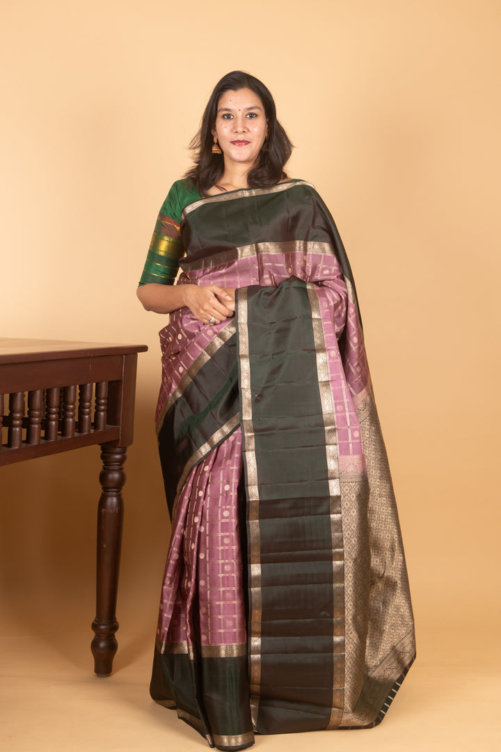 Dusty Mauve and Dark Green Zari Checked Kanchi silk saree