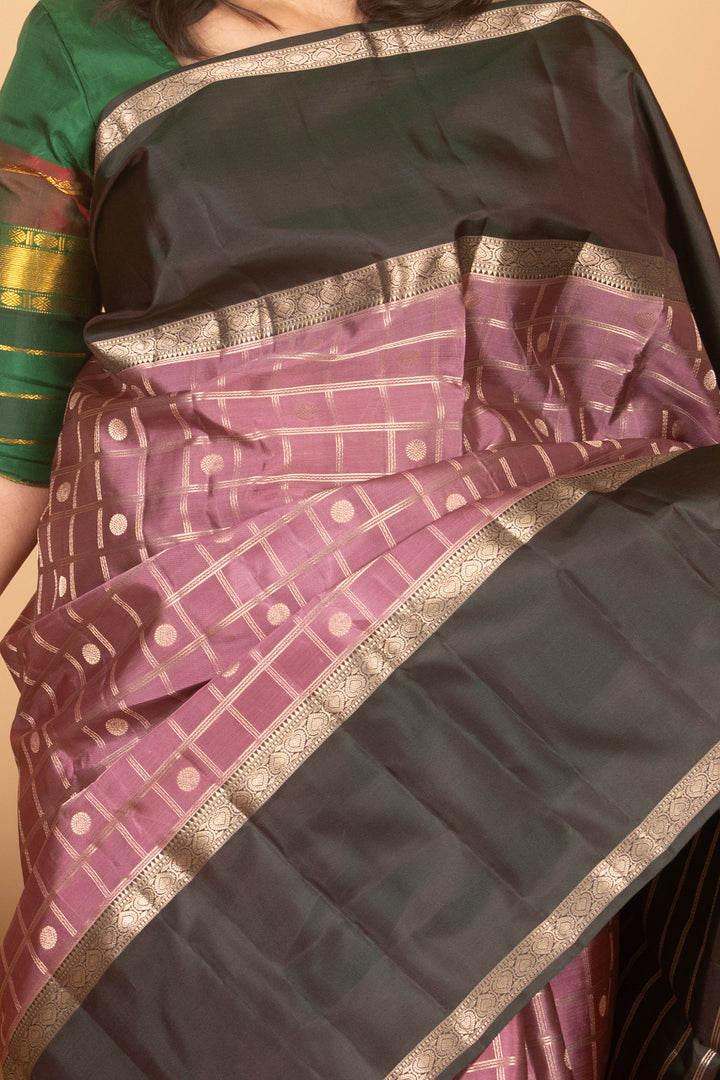 Dusty Mauve and Dark Green Zari Checked Kanchi silk saree
