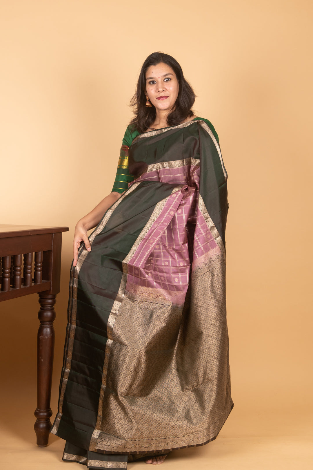 Dusty Mauve and Dark Green Zari Checked Kanchi silk saree
