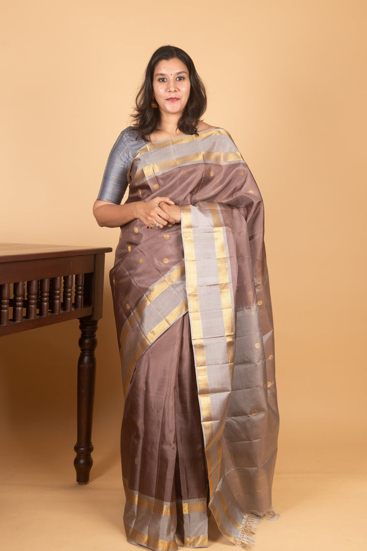 Coffee Brown and Ash Grey Retta petu pure Kanjivaram Silk saree