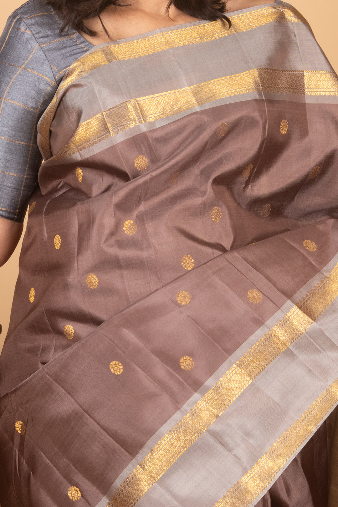 Coffee Brown and Ash Grey Retta petu pure Kanjivaram Silk saree