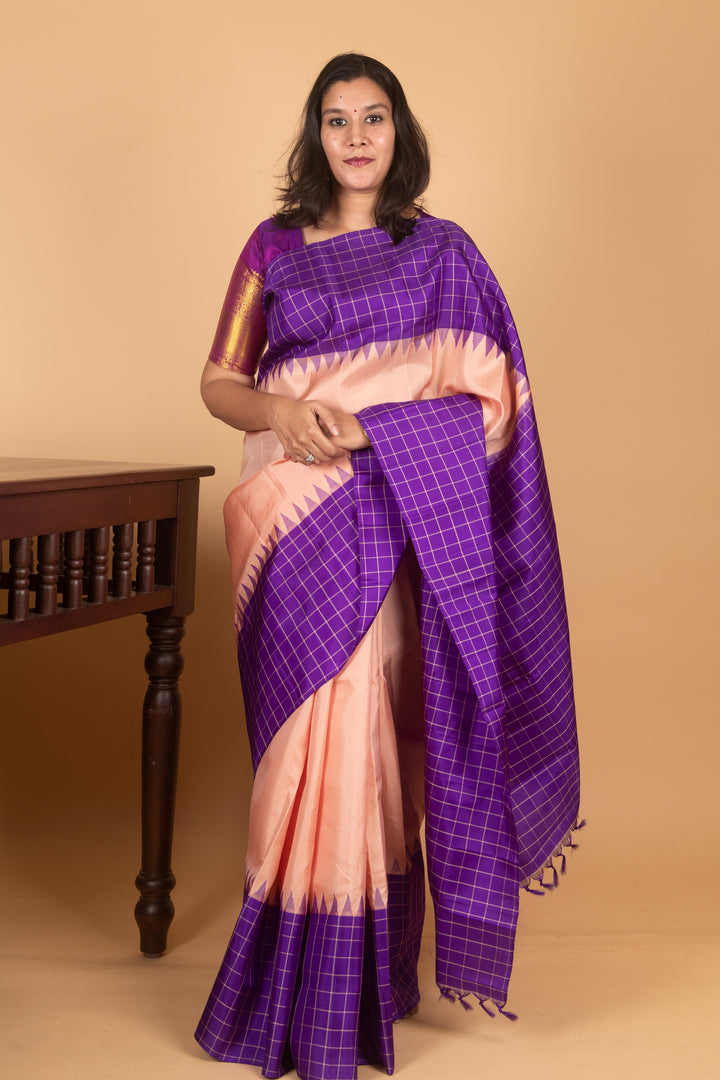 Peach and Violet Zero Zari Pure Kanjipuram Silk saree