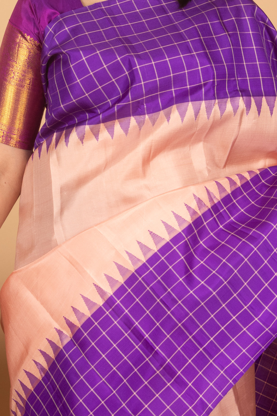 Peach and Violet Zero Zari Pure Kanjipuram Silk saree