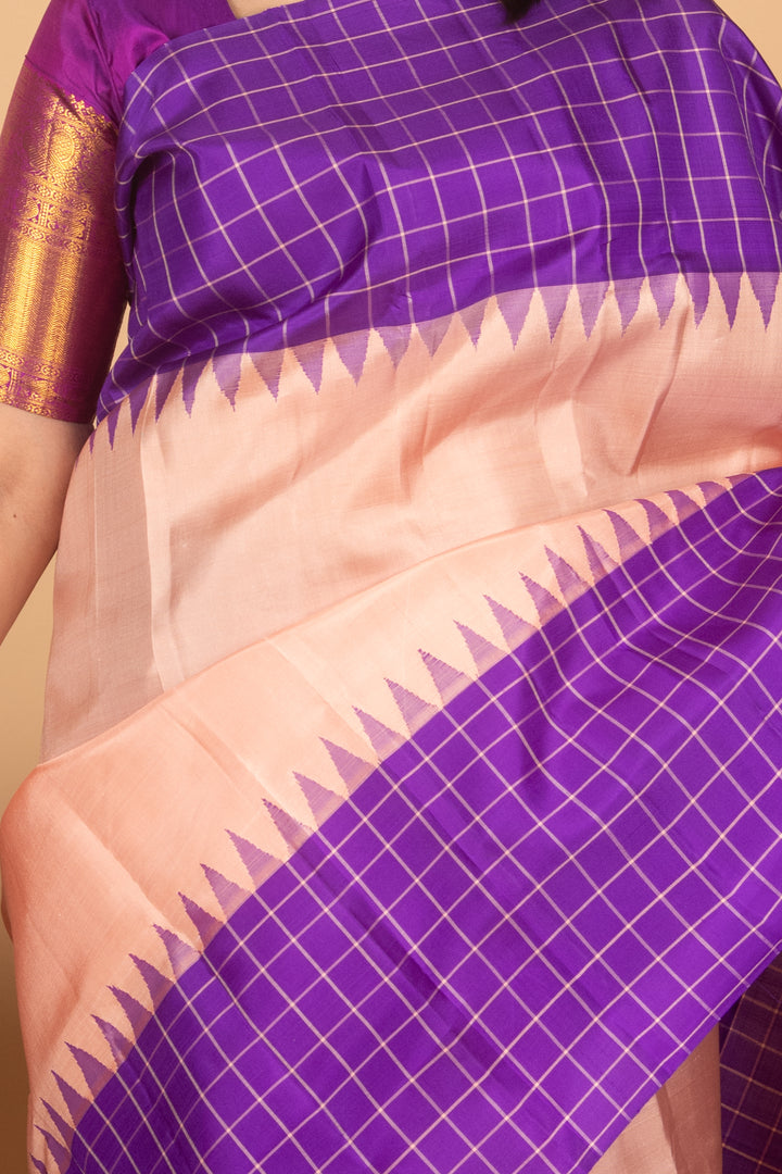 Peach and Violet Zero Zari Pure Kanjipuram Silk saree