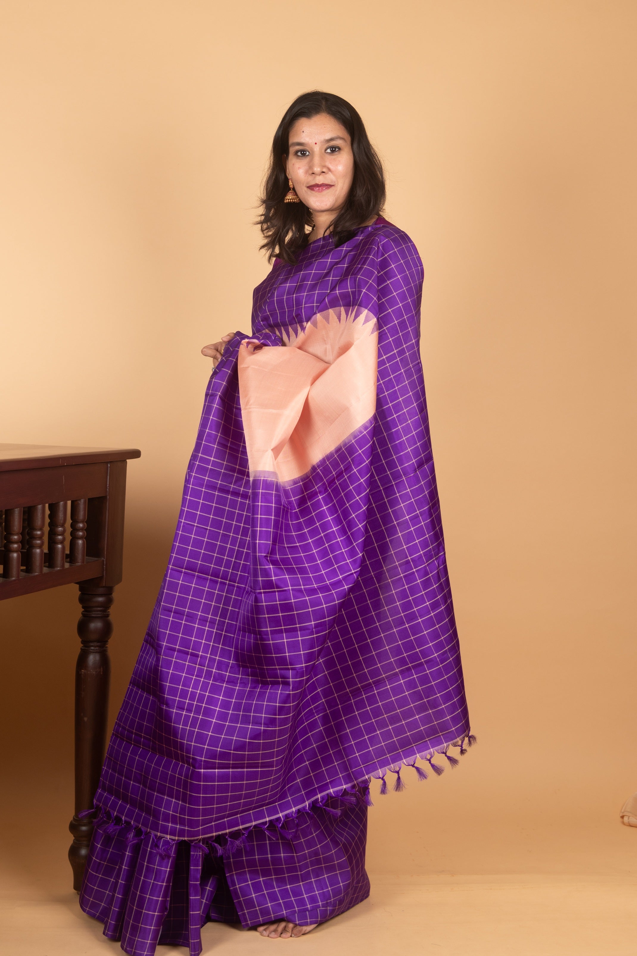 Peach and Violet Zero Zari Pure Kanjipuram Silk saree