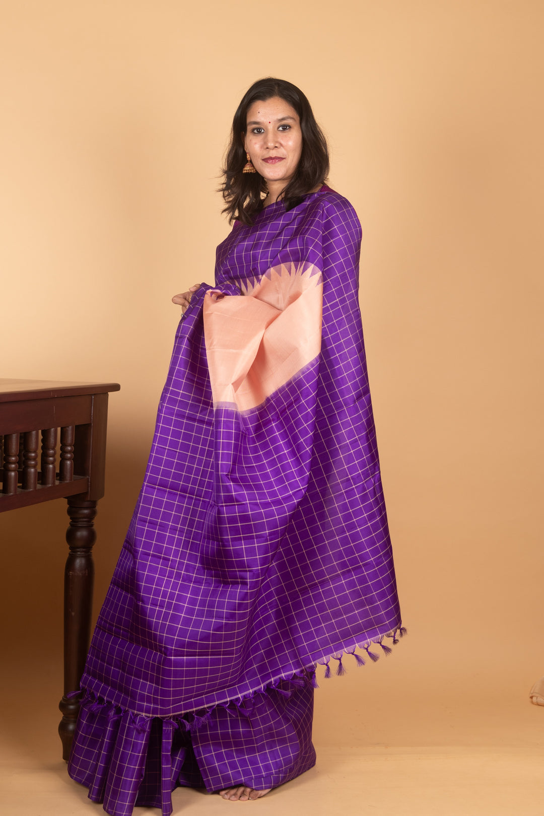 Peach and Violet Zero Zari Pure Kanjipuram Silk saree