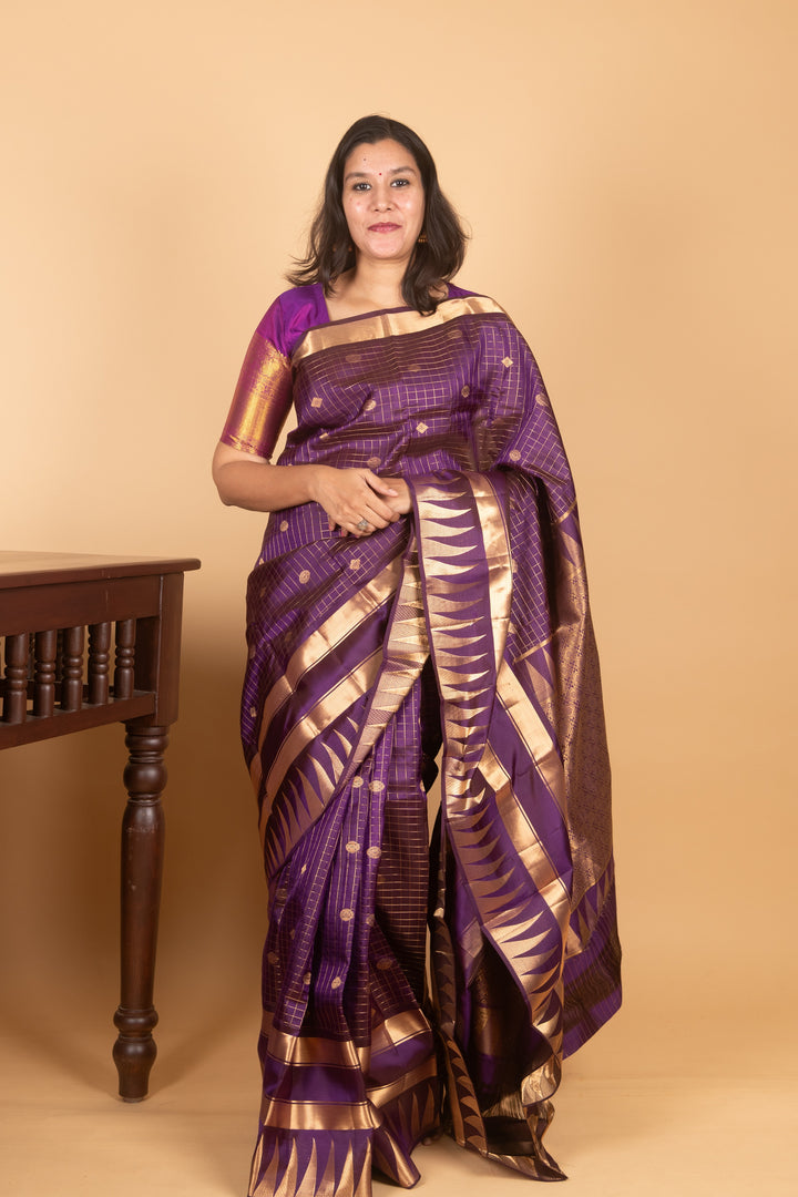 Violet Zari Checked Temple Border Kanji silk saree
