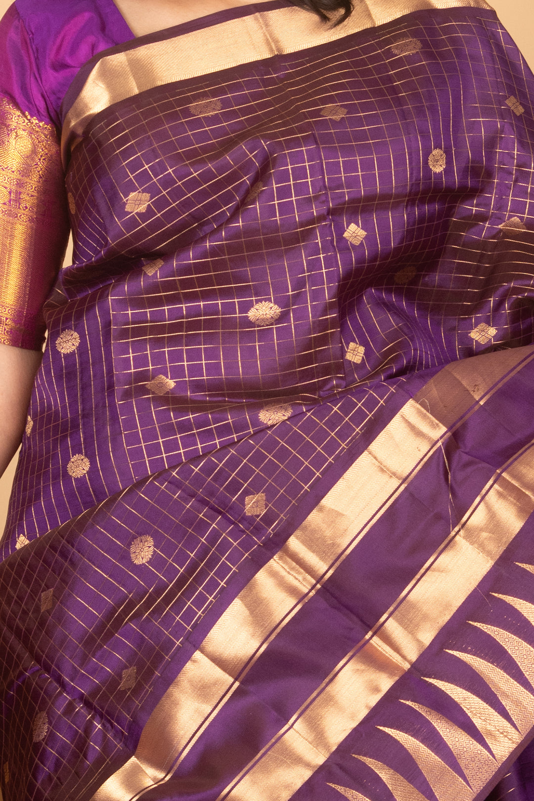 Violet Zari Checked Temple Border Kanji silk saree