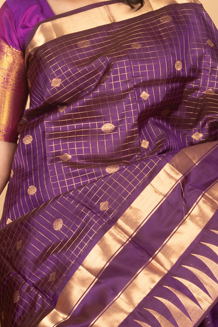 Violet Zari Checked Temple Border Kanji silk saree