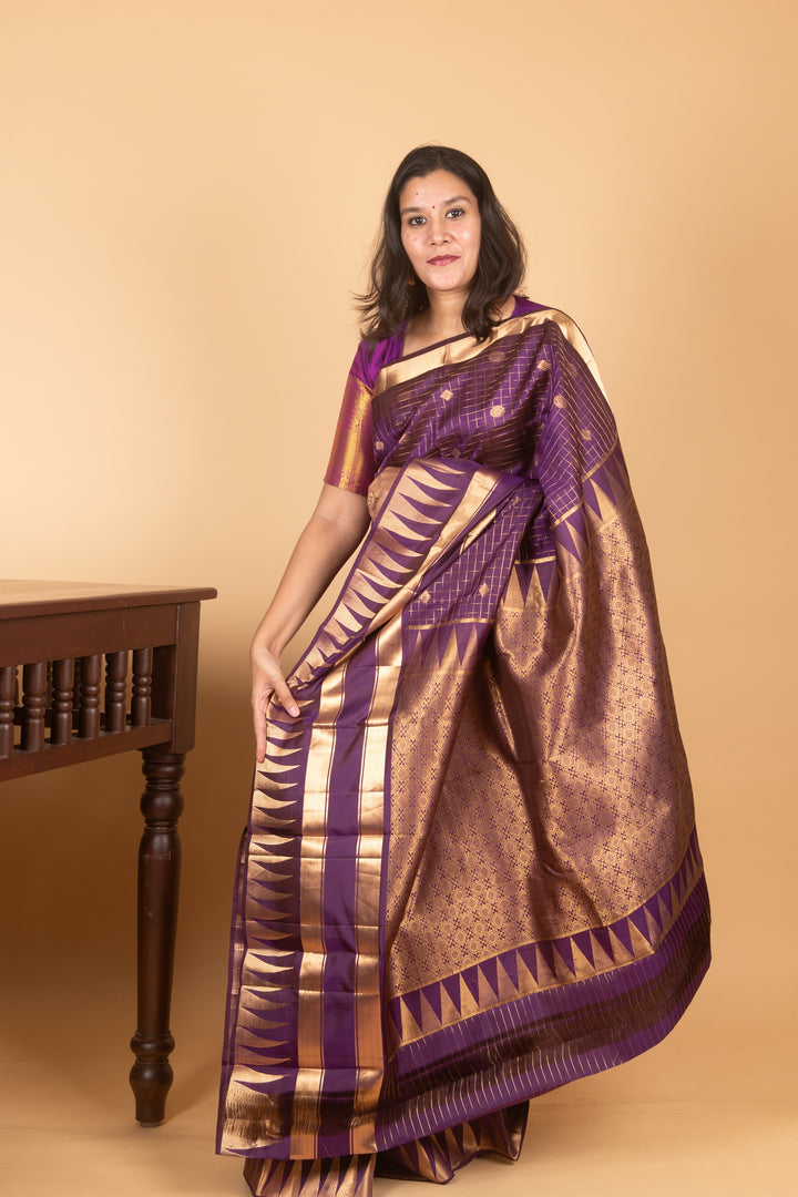 Violet Zari Checked Temple Border Kanji silk saree