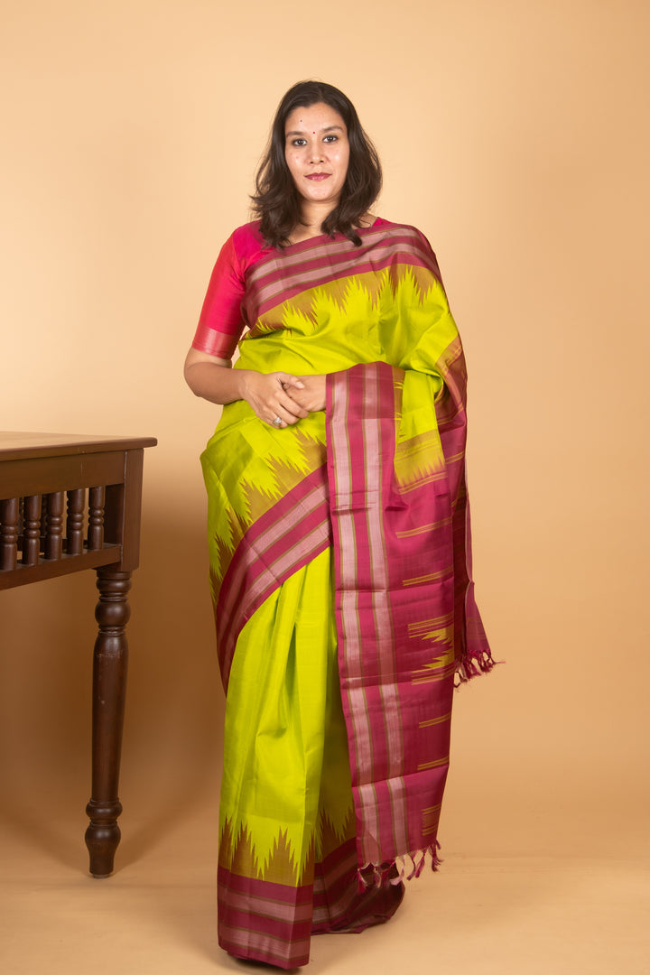 Parrot green and wine purple zero zari kanjivaram