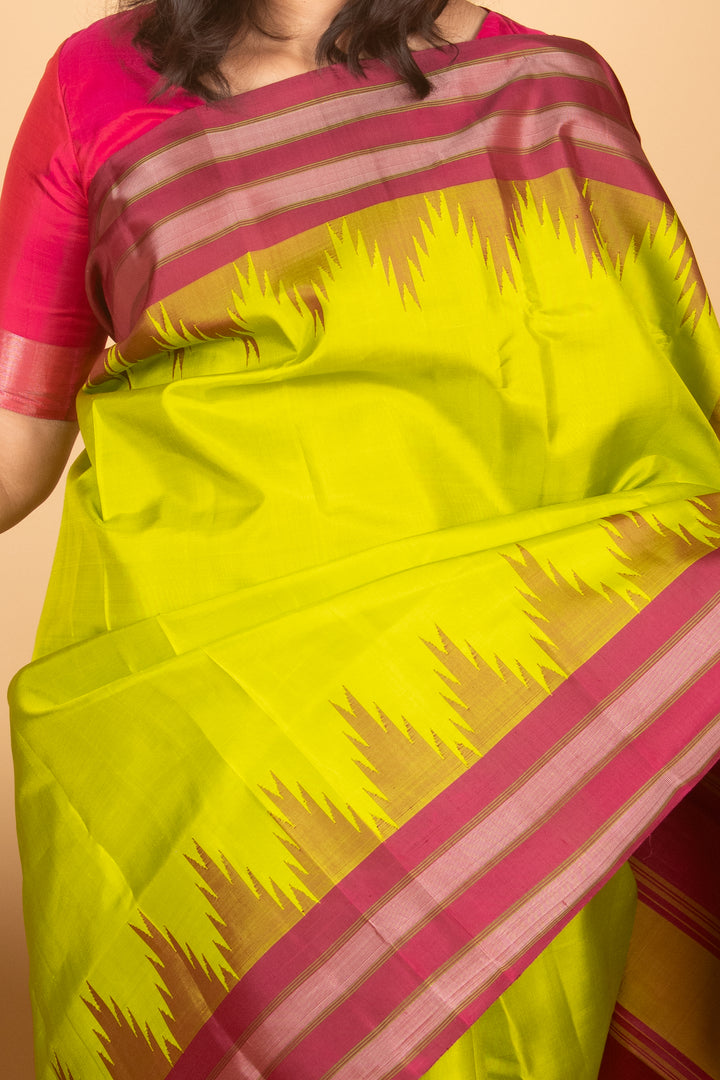 Parrot green and wine purple zero zari kanjivaram