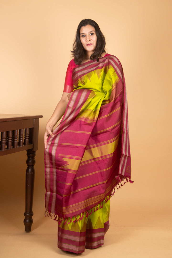 Parrot green and wine purple zero zari kanjivaram
