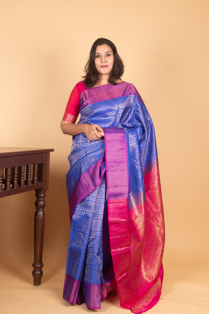 Dark Blue and Purple Zari Kattam Kanjipuran silk saree