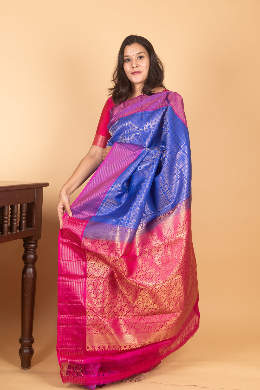 Dark Blue and Purple Zari Kattam Kanjipuran silk saree