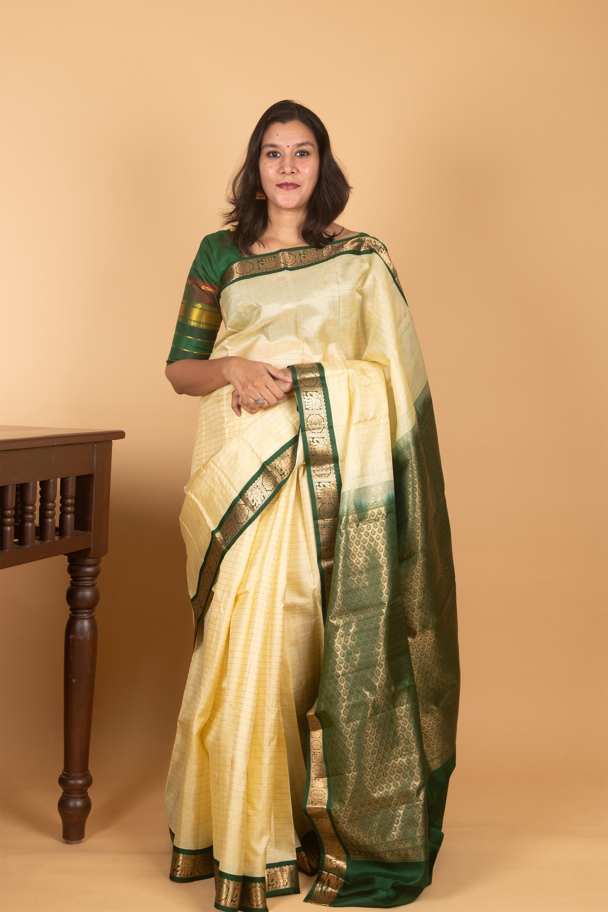 Off White and Dark Green Zari Checked Kanjivaram Silk saree