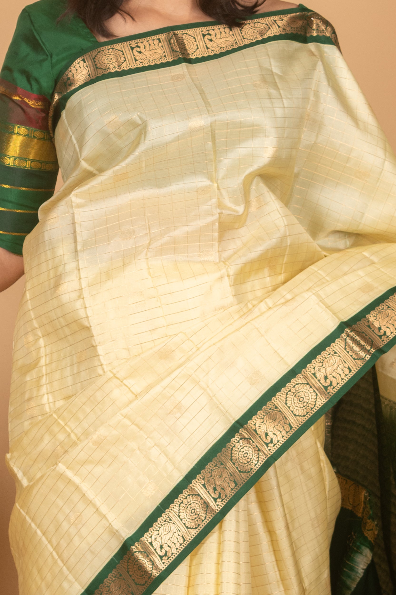 Off White and Dark Green Zari Checked Kanjivaram Silk saree