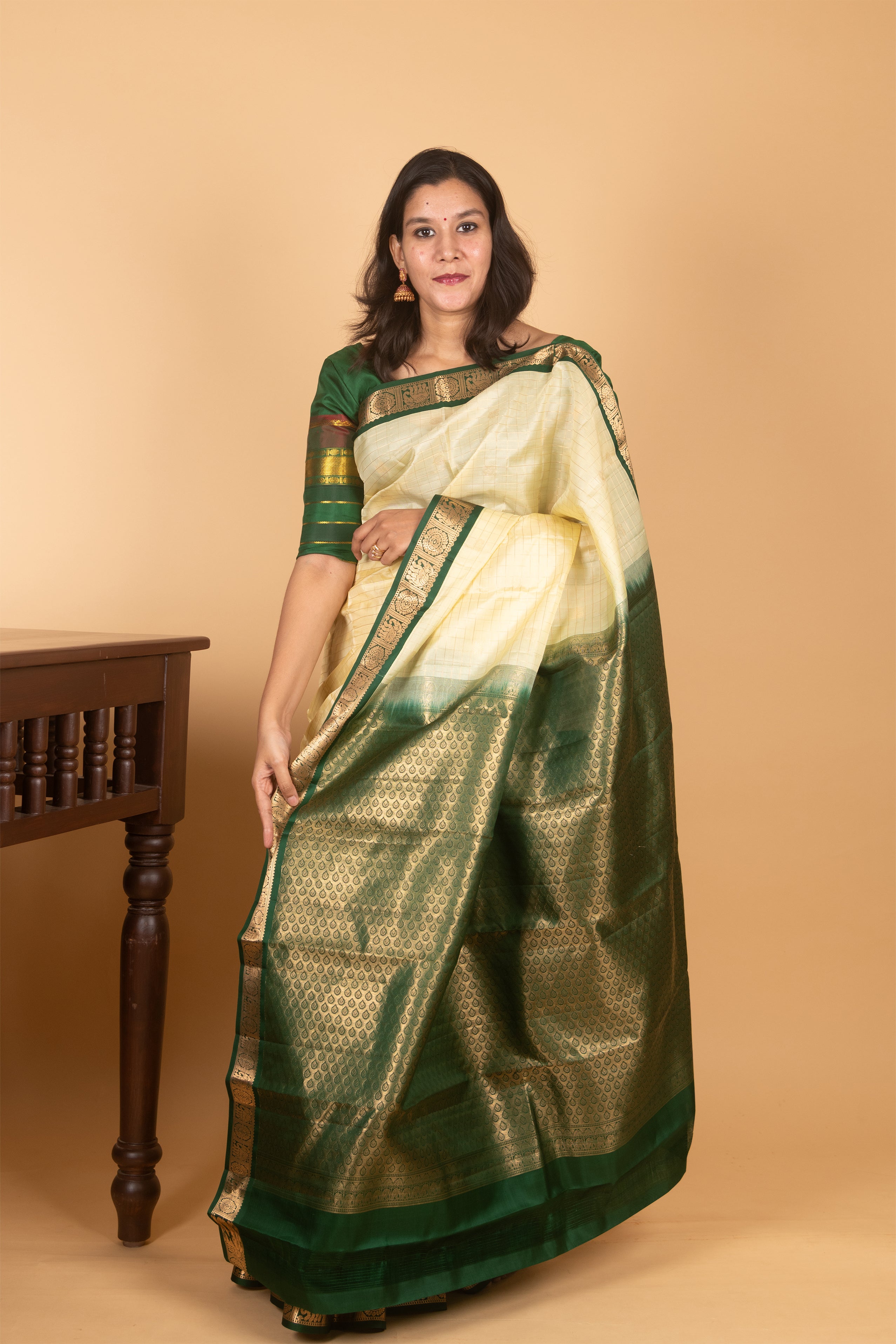 Off White and Dark Green Zari Checked Kanjivaram Silk saree