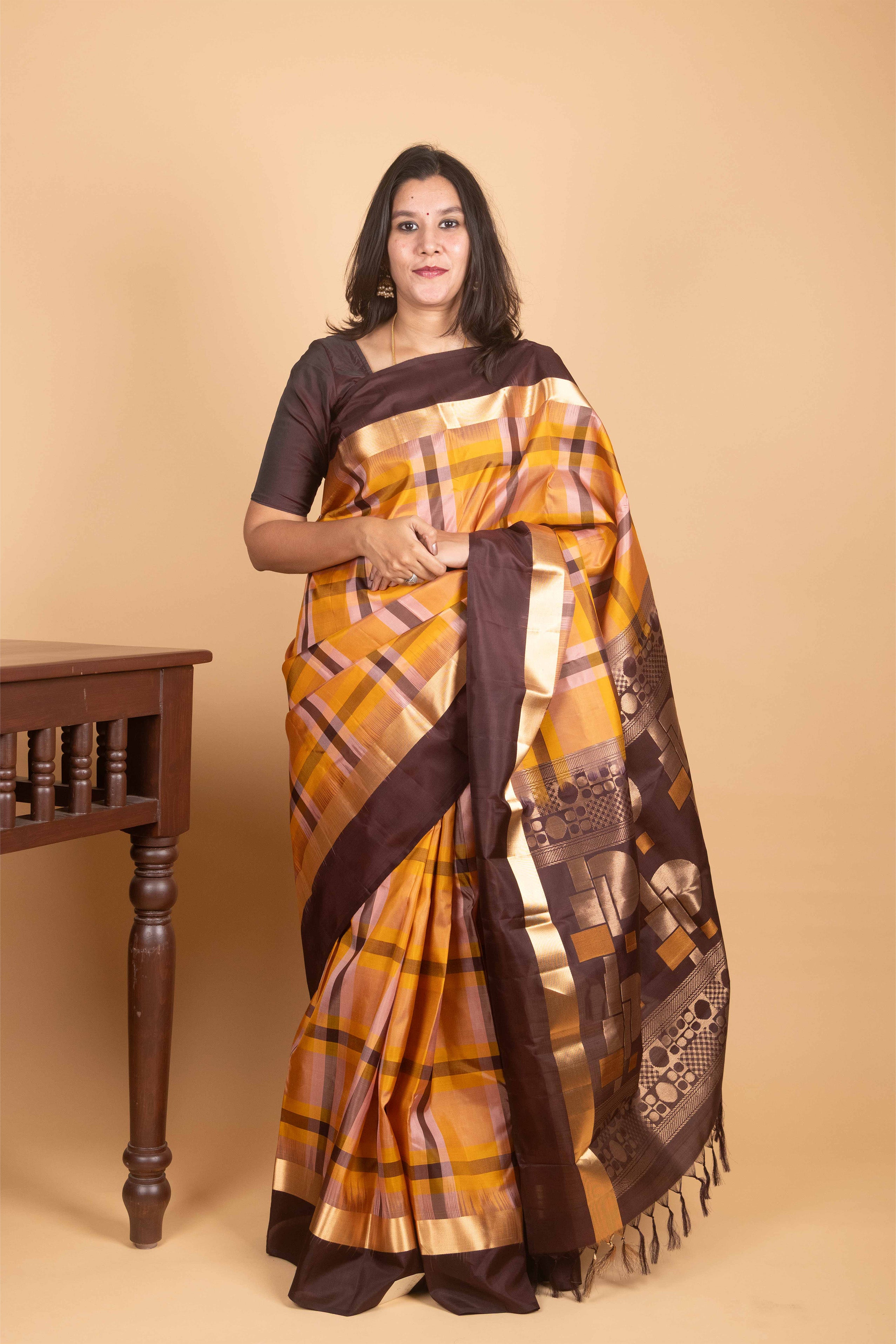 Marigold Yellow and Cocoa Brown Paalum Pazhamum Pure Kanjivaram Silk Saree