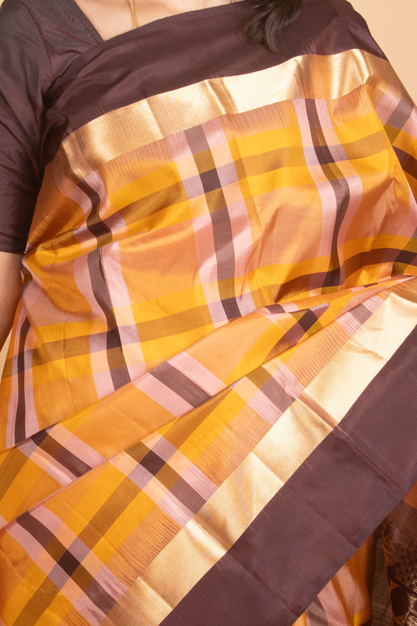 Marigold Yellow and Cocoa Brown Paalum Pazhamum Pure Kanjivaram Silk Saree