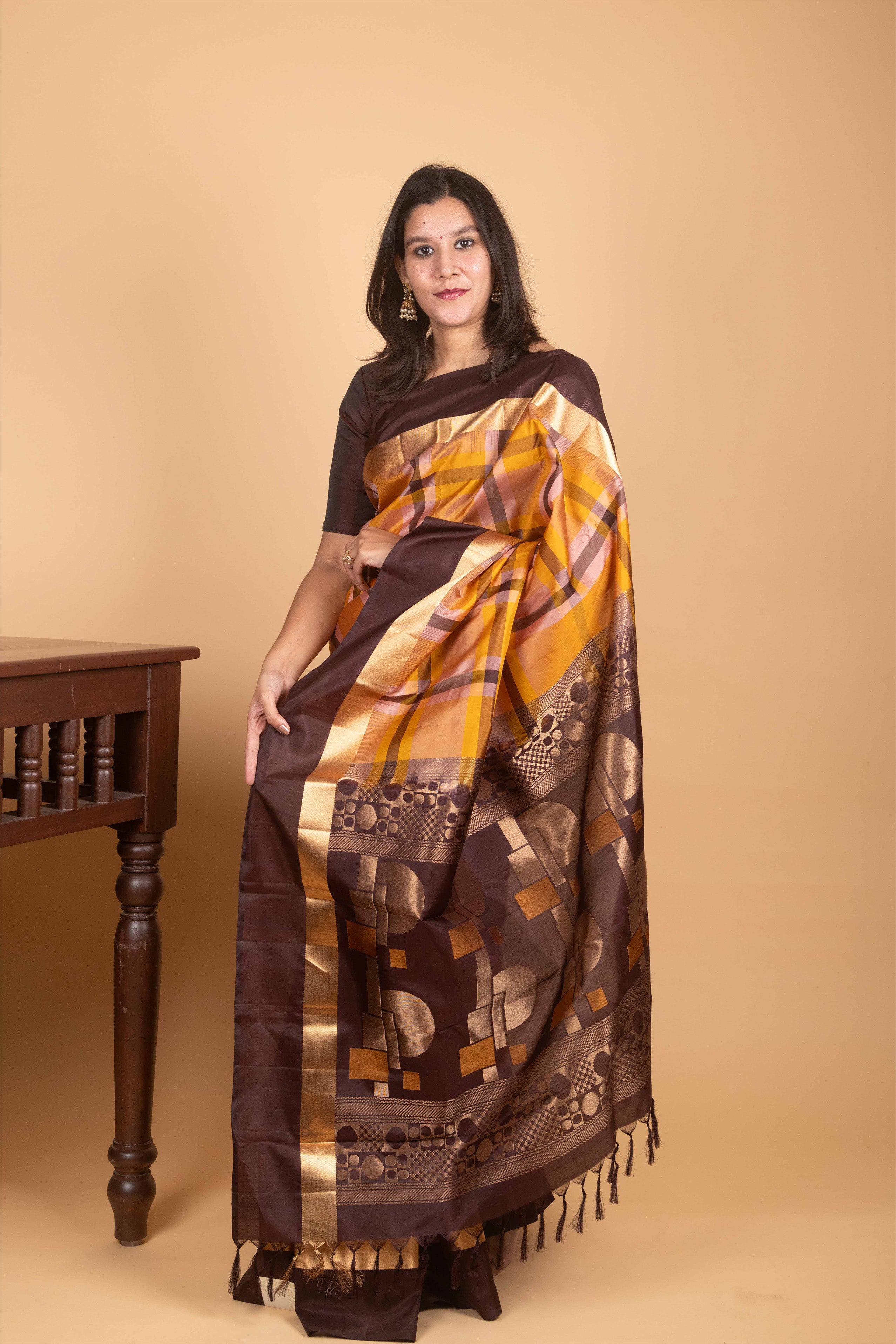 Marigold Yellow and Cocoa Brown Paalum Pazhamum Pure Kanjivaram Silk Saree