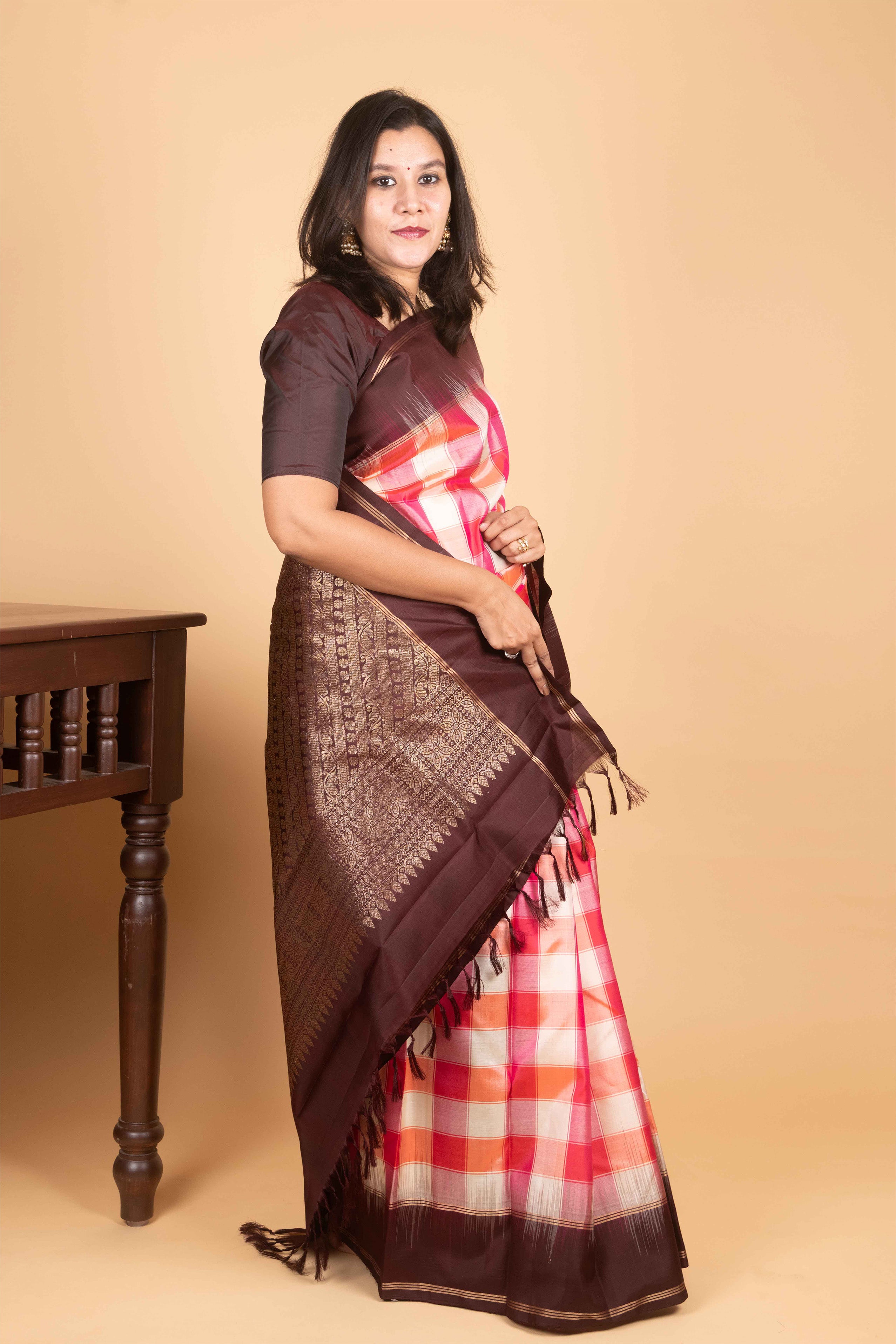 Mulberry Pink and Brown Paalum Pazhamum Pure Kanjivaram Silk Saree