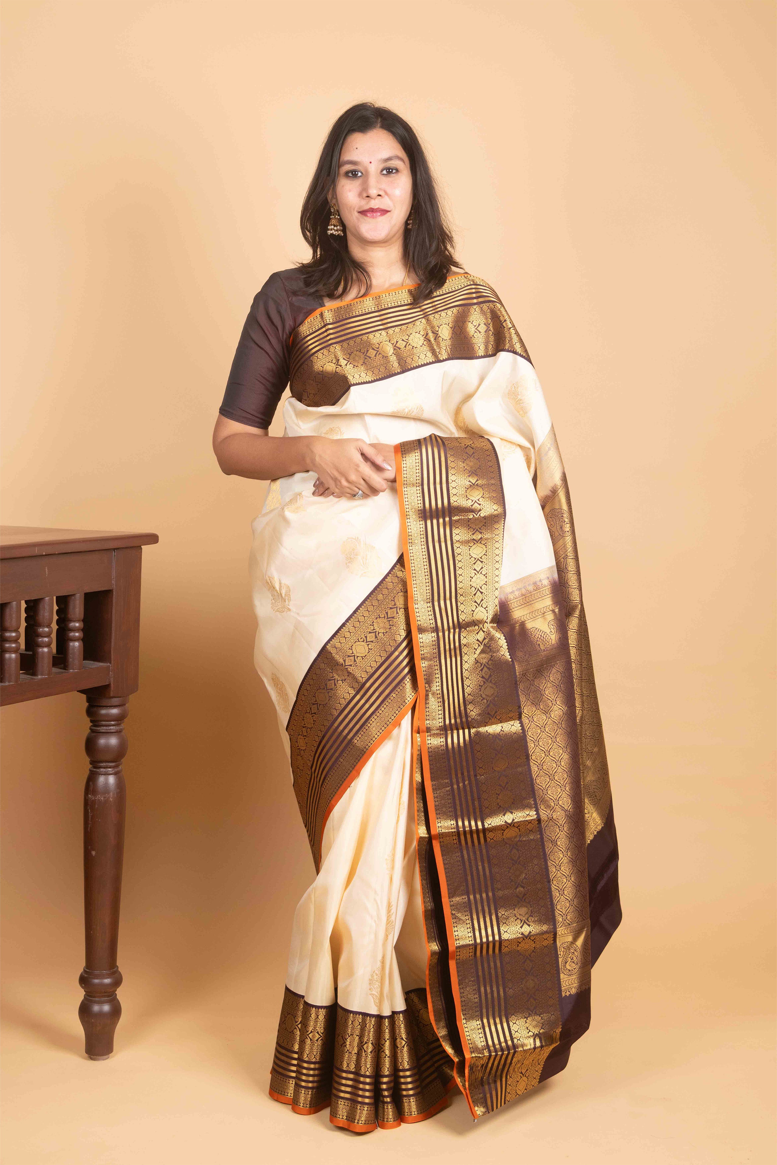 Pastel Cream and Dark Purple Korvai Pure Kanjivaram Silk Saree