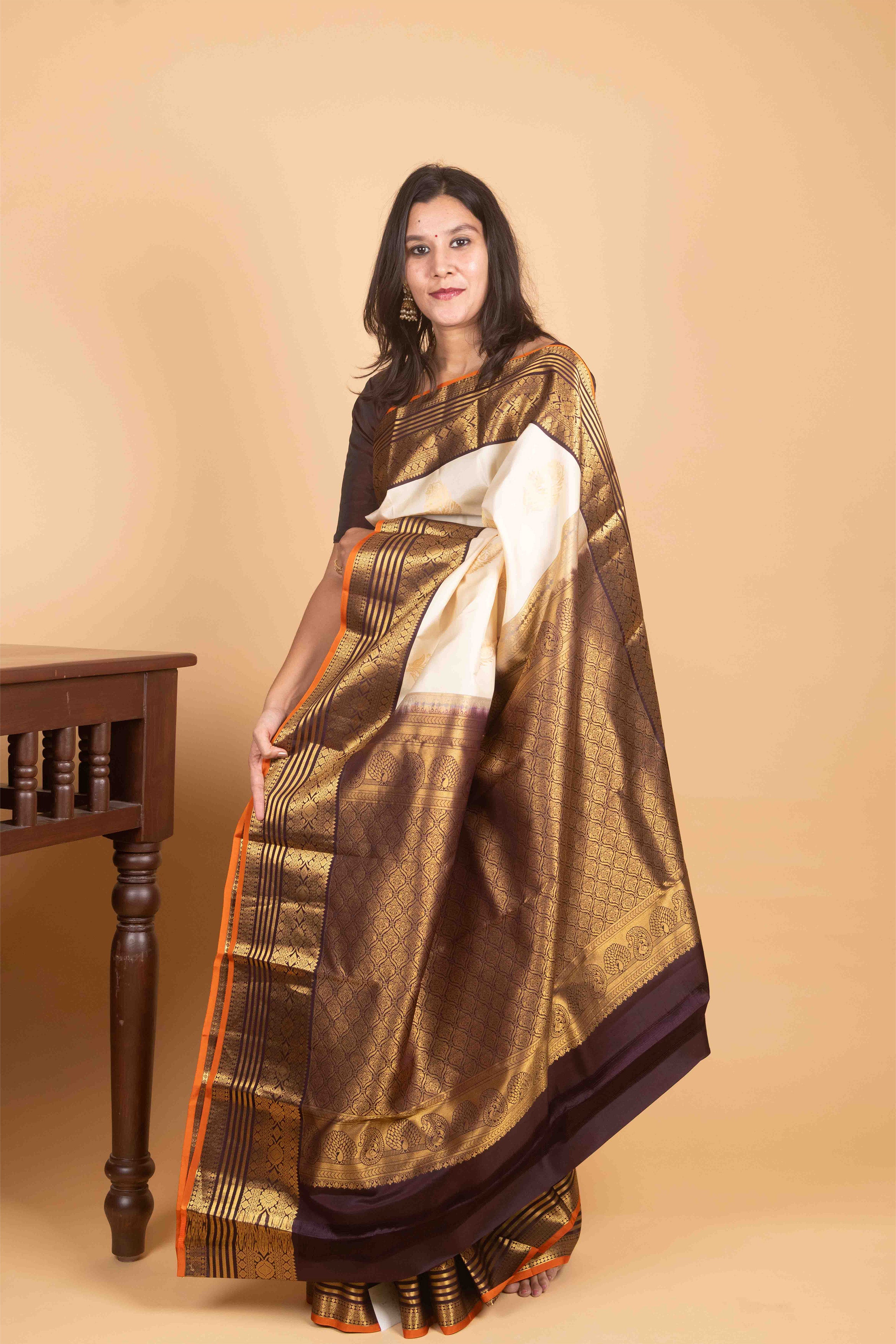 Pastel Cream and Dark Purple Korvai Pure Kanjivaram Silk Saree