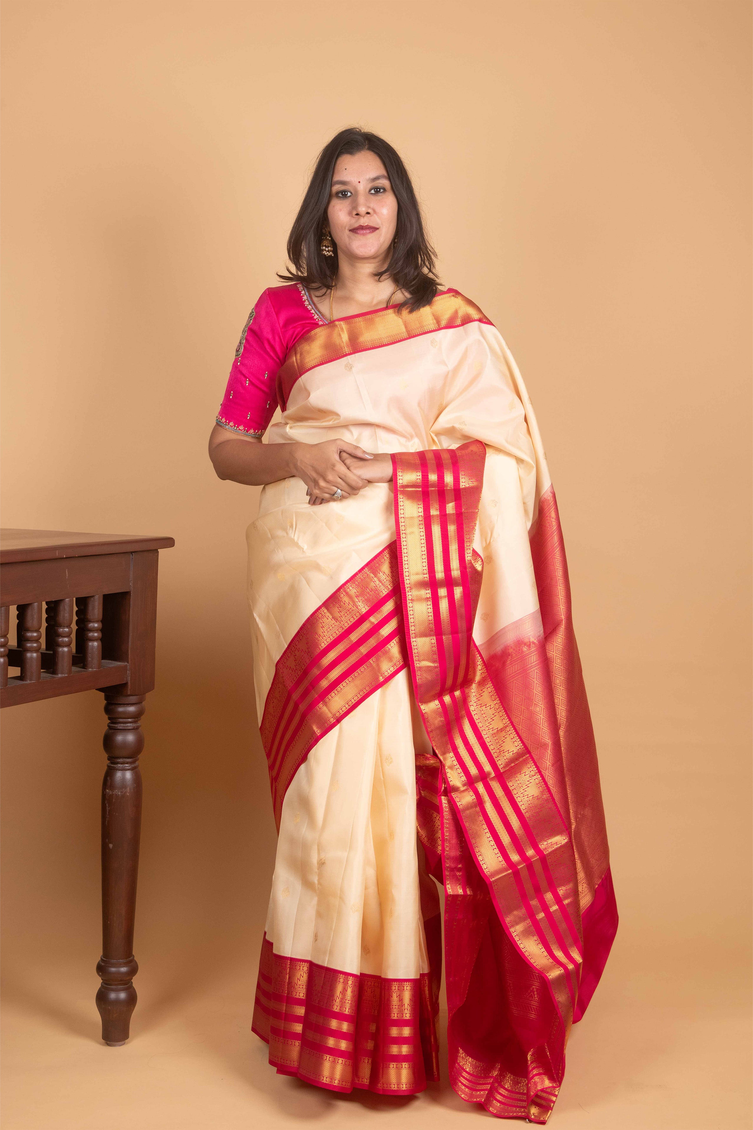 Bone White and Ruby Pink Pure Korvai Kanjivaram Silk Saree