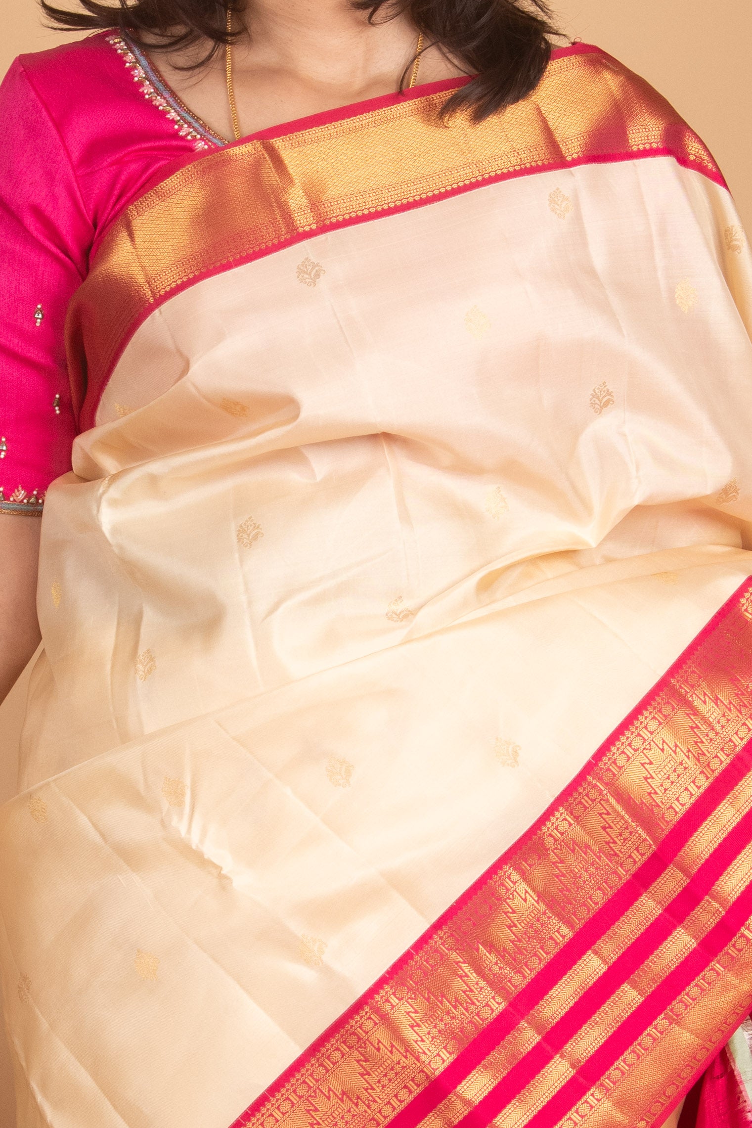Bone White and Ruby Pink Pure Korvai Kanjivaram Silk Saree