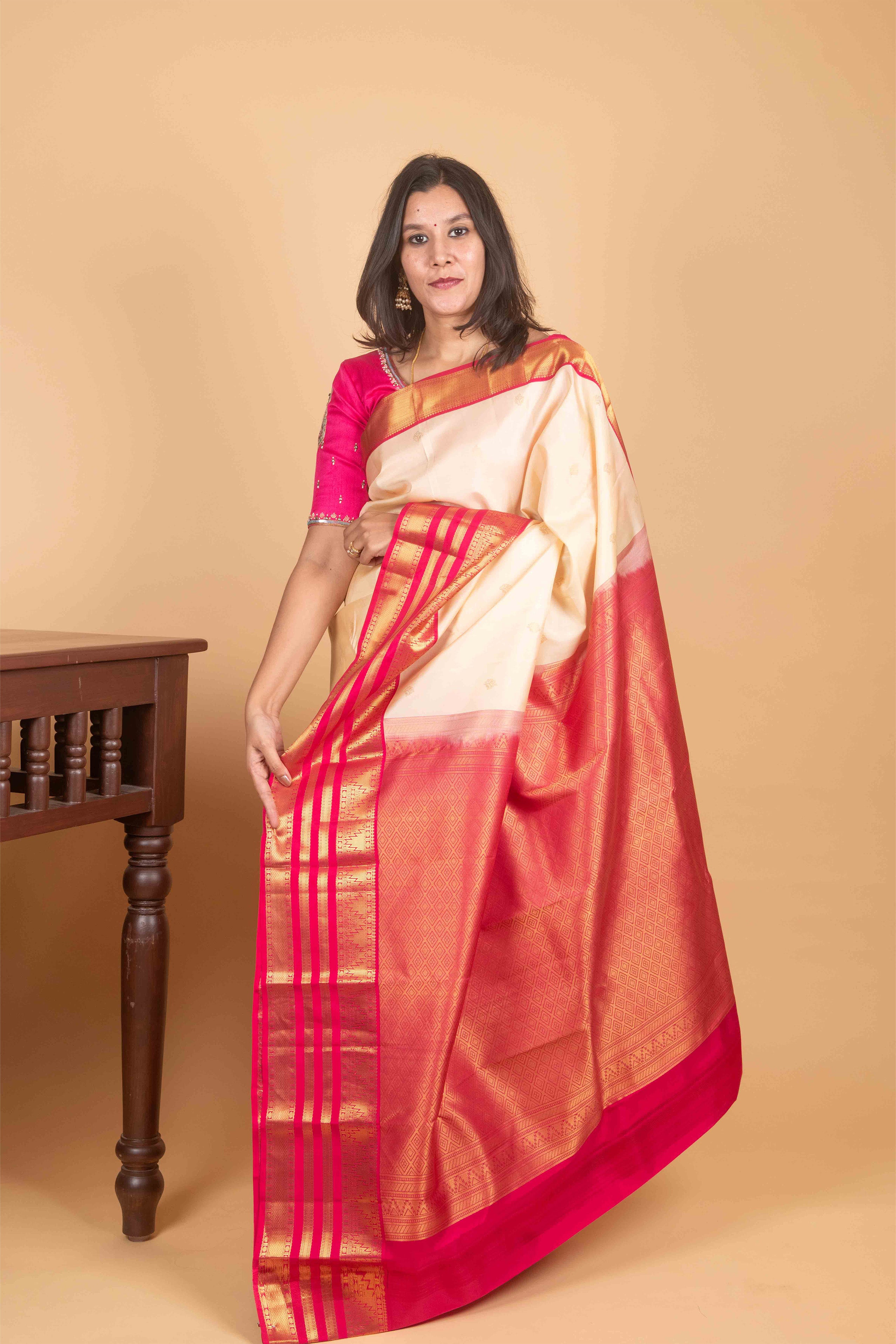 Bone White and Ruby Pink Pure Korvai Kanjivaram Silk Saree