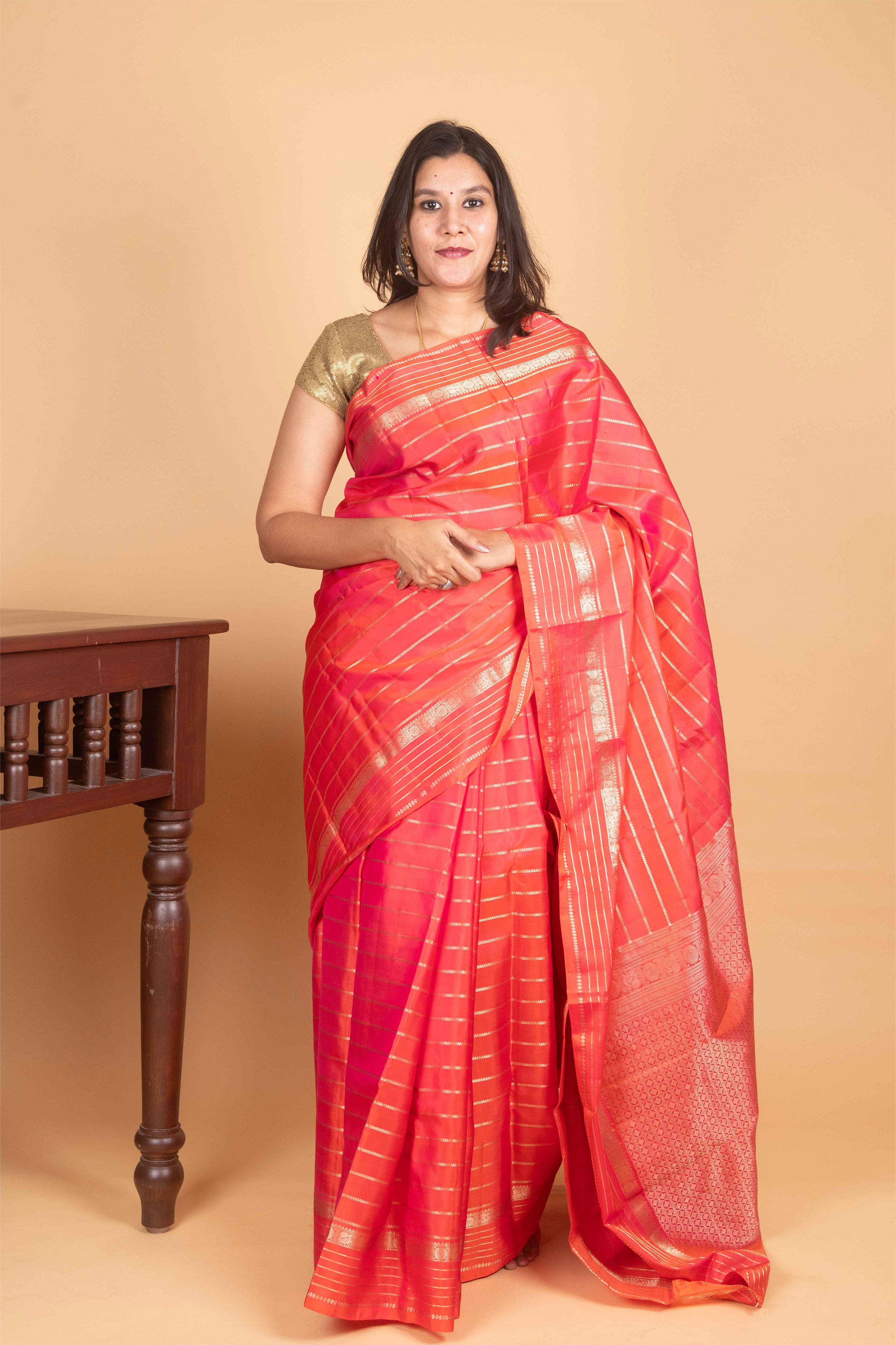 Dual Tone Orange Traditional Pure Kanjivaram Silk Saree