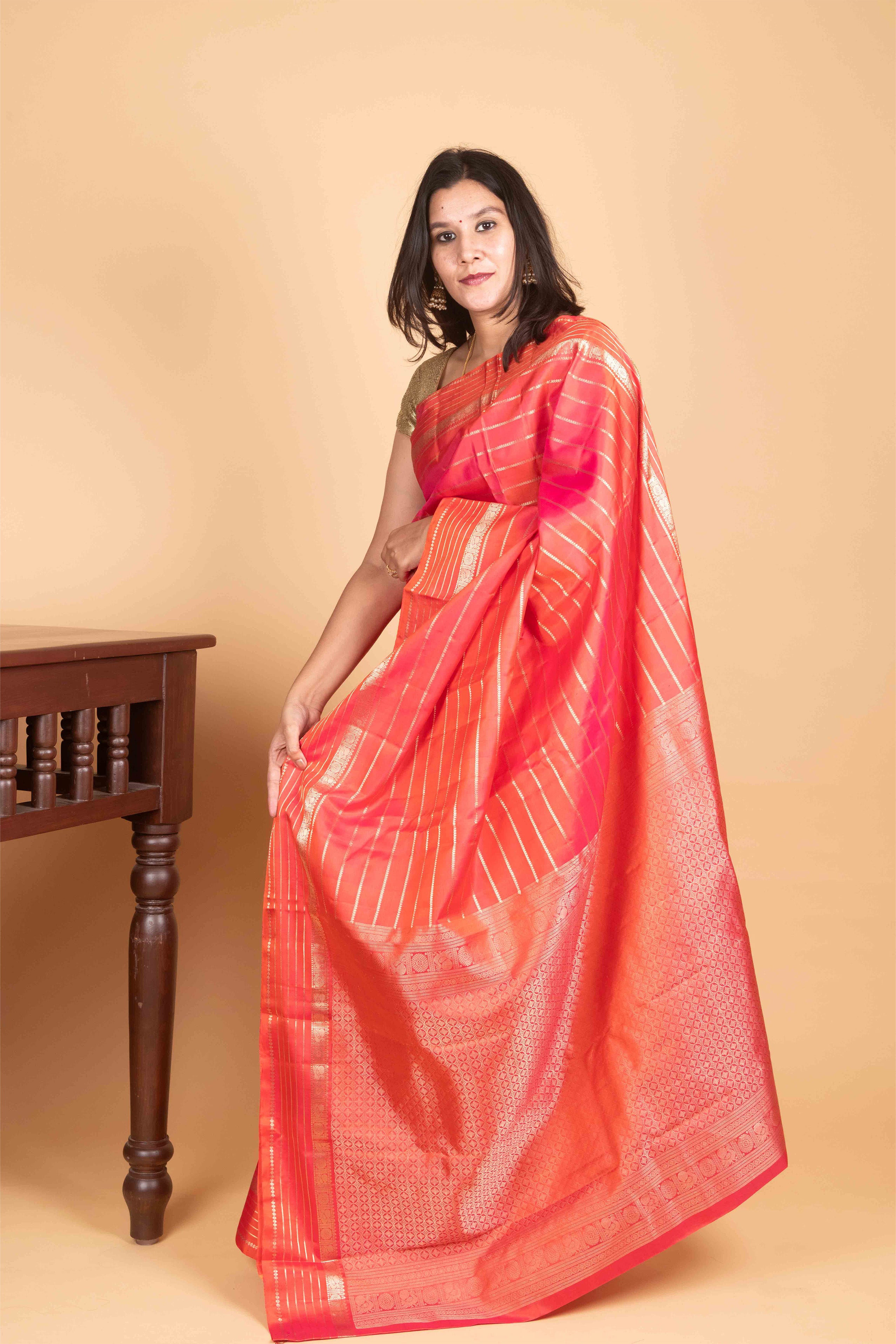 Dual Tone Orange Traditional Pure Kanjivaram Silk Saree