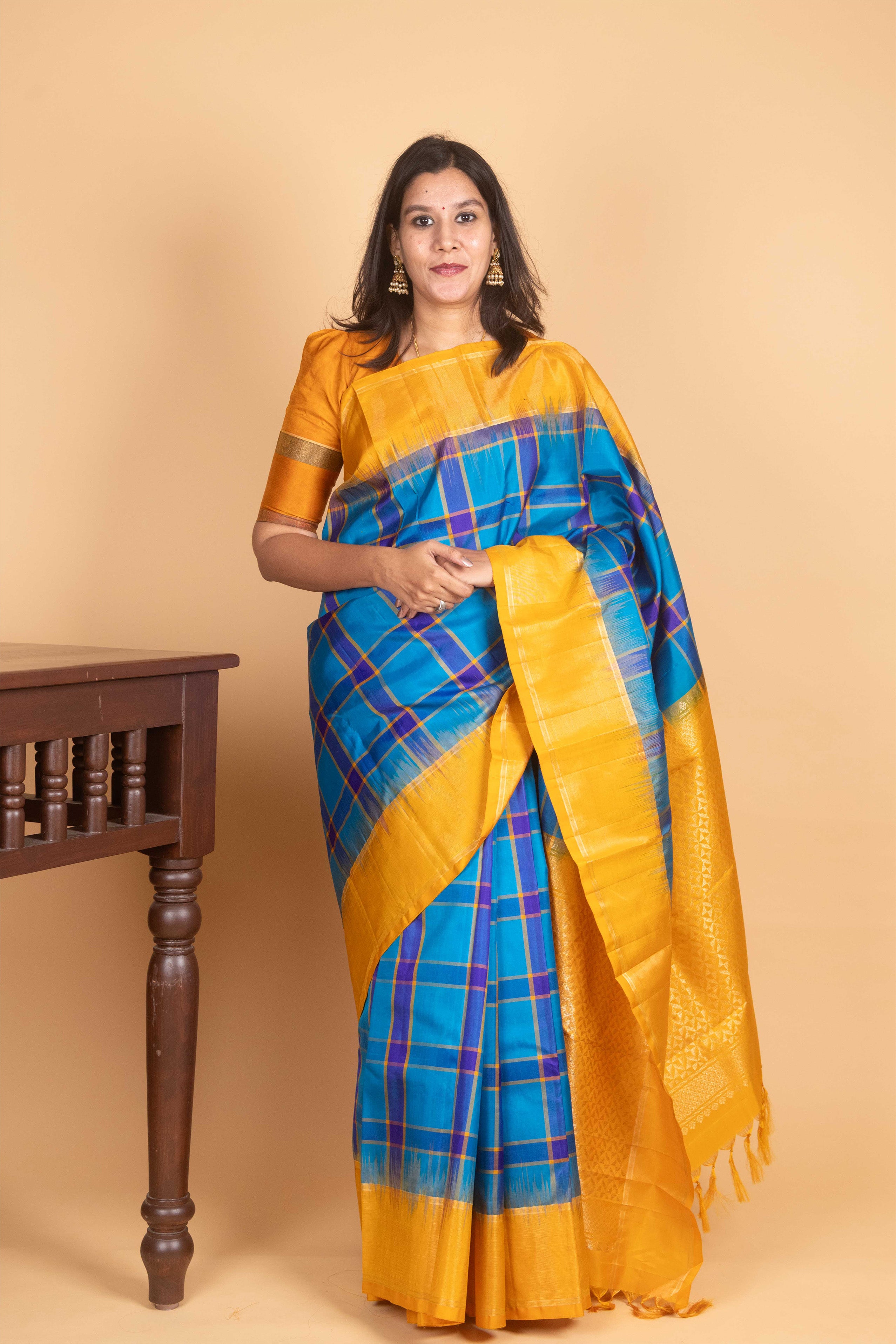 Aanantha Blue and Mustard Yellow Paalum Pazhamum Pure Kanjivaram Silk Saree