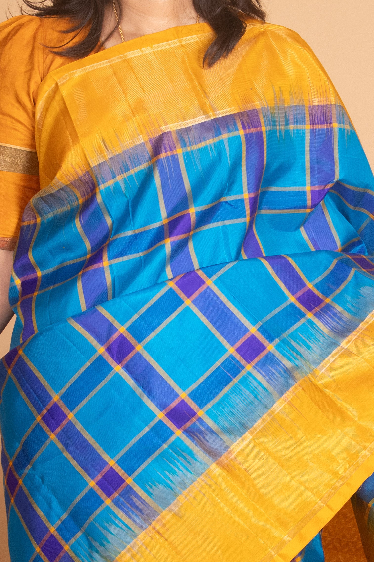 Aanantha Blue and Mustard Yellow Paalum Pazhamum Pure Kanjivaram Silk Saree