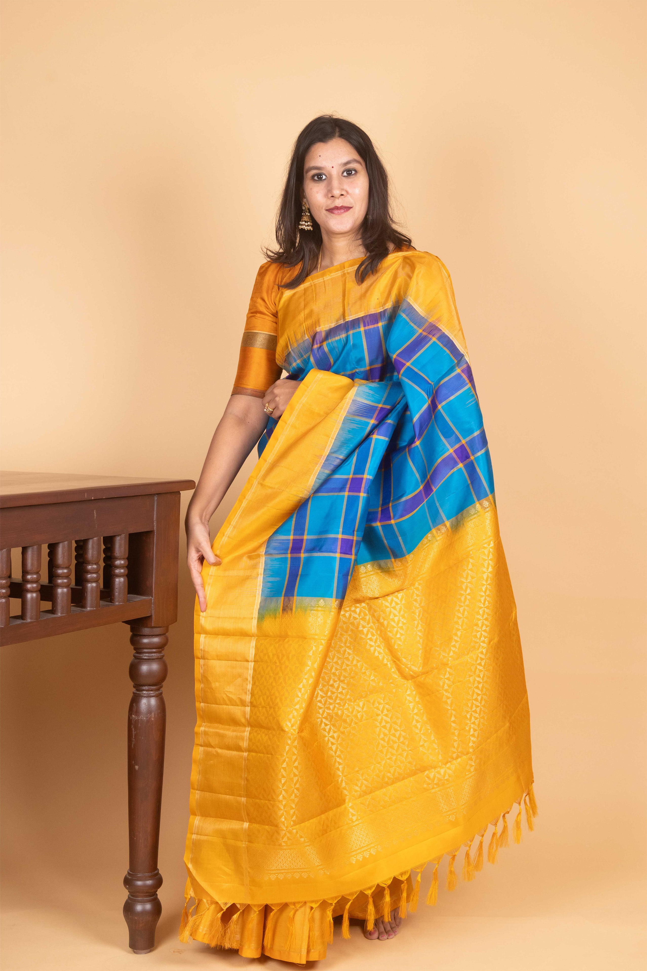 Aanantha Blue and Mustard Yellow Paalum Pazhamum Pure Kanjivaram Silk Saree
