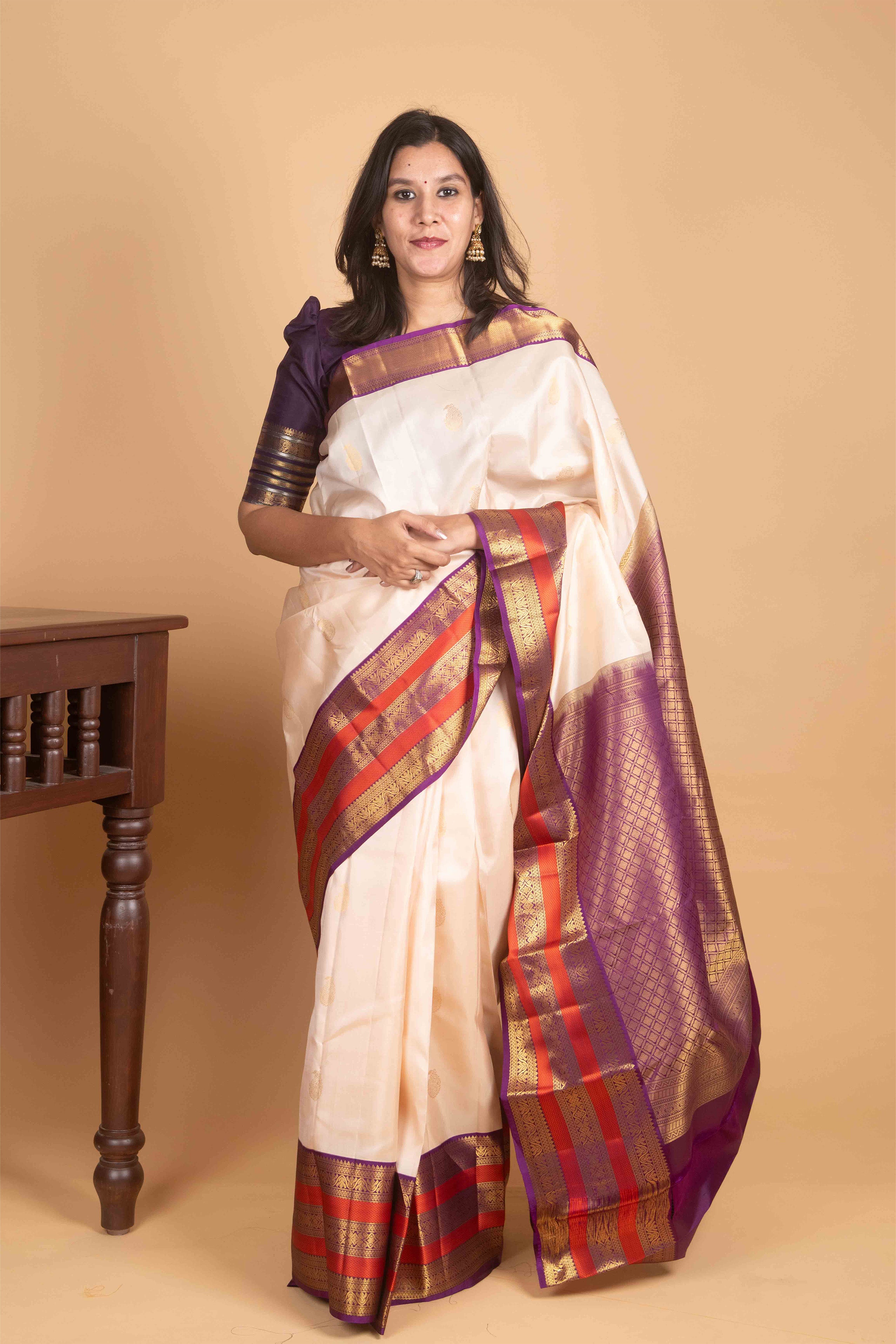 Butter Cream and Violet Korvai Pure Kanjivaram Silk Saree