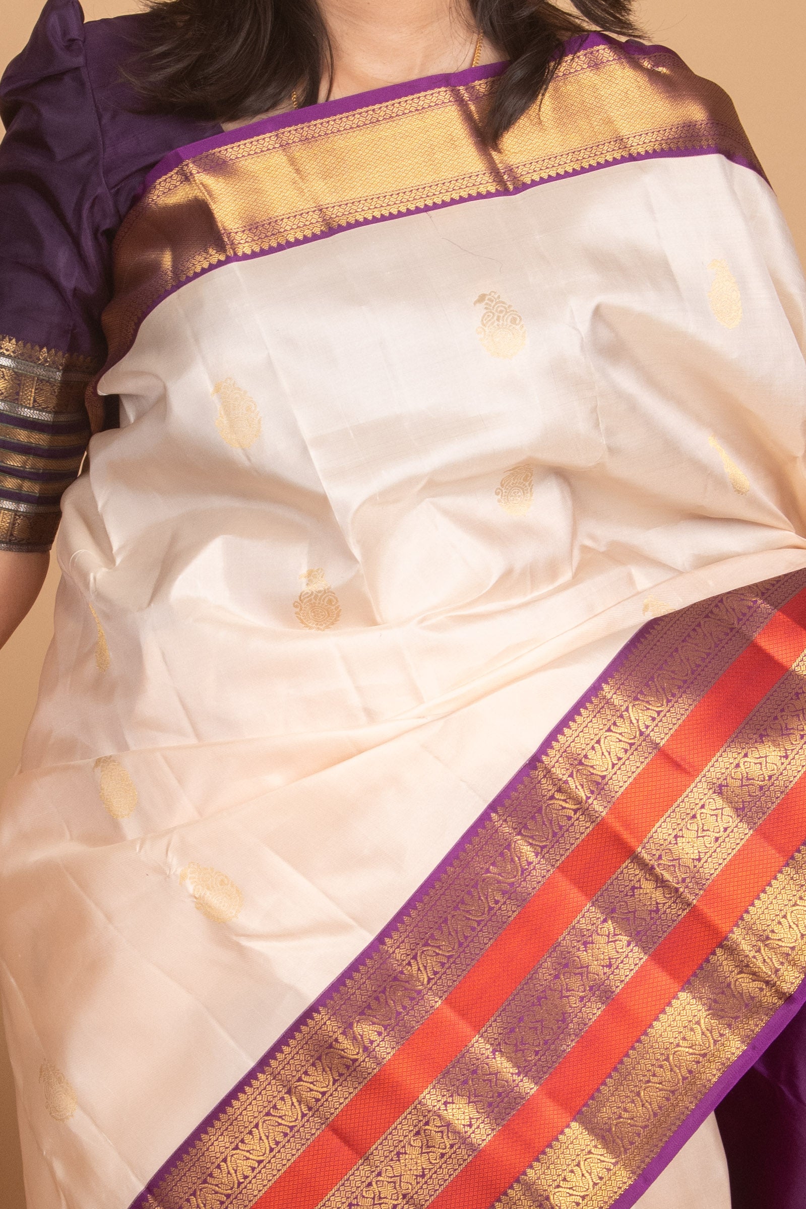 Butter Cream and Violet Korvai Pure Kanjivaram Silk Saree