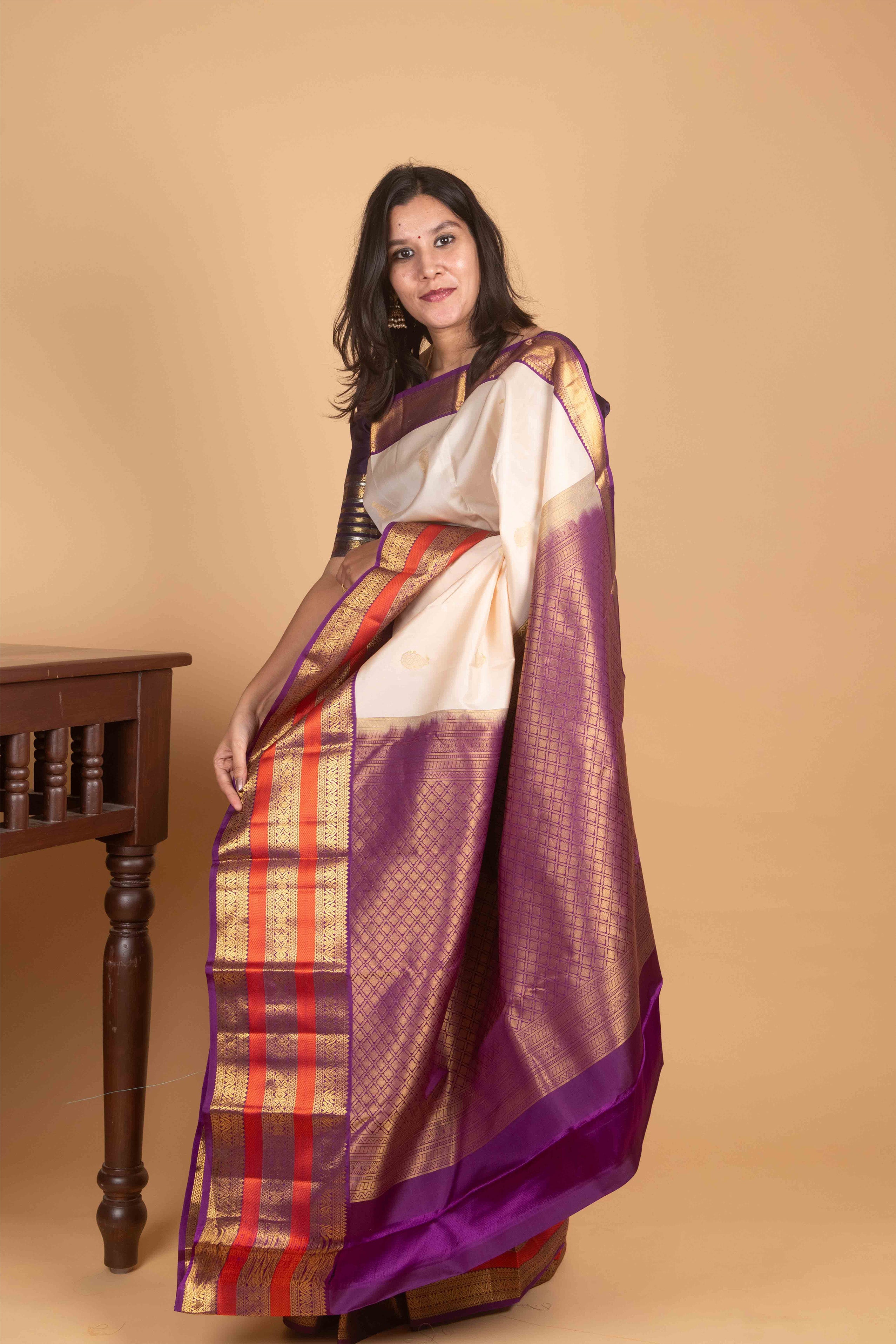 Butter Cream and Violet Korvai Pure Kanjivaram Silk Saree